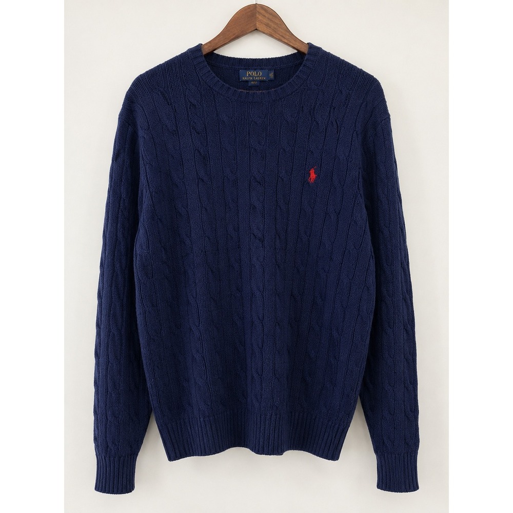 Polo Ralph Lauren Men XL Navy Blue Cable Knit Crewneck Sweater Wool Cashmere